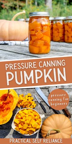 pressure canning pumpkins in mason jars on a picnic table with text overlay that reads pressure canning pumpkins