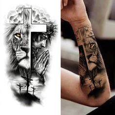 the cross and lion tattoo designs on both sides of the arm are shown in black and white