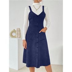 -Item Id 38985419 -Details: Button, Pocket -Neckline: Straps -Style: Casual -Type: Cami, Pinafore -Color: Navy Blue -Sleeve Length: Sleeveless -Fit Type: Regular Fit -Length: Knee Length -Material: Woven Fabric -Composition: 97% Polyester, 3% Elastane -Care Instructions: Hand Wash Or Professional Dry Clean -Sheer: No -Fabric: Non-Stretch **Open To Offers!!!** **Bundle To Save More** **30% Off Bundles Of 2 Or More Items!!** ***Orders Go Out Within 5-10 Business Days!! Thank You For Your Patience! Corduroy Pinafore, Corduroy Pinafore Dress, Color Minimalist, Teacher Clothes, Modest Clothing, Pinafore Dress, Colour List, Girl Style, Modest Outfits