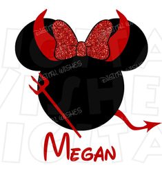 minnie mouse ears with red glitter bow and the word megan on it's side