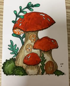 Watercolor art Strawberry Mushroom Drawing, Drawings With Mushrooms, Easy Doodle Art Mushrooms, Tree And Mushroom Drawing, Painting Mushrooms Easy, Mashrooms Drawing Aesthetic Indie, How To Draw Mushroom House, Marker Mushroom Art, Mushroom Marker Drawing