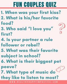 a poster with the words fun couples quiz written in blue and pink, on top of it