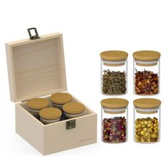 four glass jars filled with different types of teas and loose leaves in each container