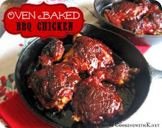 oven baked bbq chicken in a black skillet on a red and white tablecloth