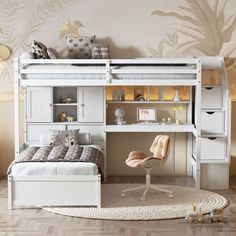 a white loft bed with desk and chair in a room that has wood flooring