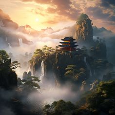 sun, backlight, the epic scene of chinese mountains and rivers, there are many small peaks in the distance, surrounded by clouds and fog, mountains and fog, huge waterfalls, there is a pavilion nearby, sharply shaped pine trees, numerical waterfalls and streams, and a room at the foot of the mountain, like a fairyland, realistic shooting, super wide, full of light ht, sun, backlight, quixel megascans render, cinematic Cang Qiong Mountain, Chinese Mountain Art, Chinese Mountain Painting, Chinese Waterfall, Quixel Megascans, Vector Art Illustration Graphics, Chinese Mountains, Nagisa And Karma, Cloud Illustration