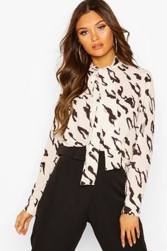 Woven Animal Print Pussy Bow Blouse | boohoo Latest Tops, Fashion Face Mask, Top Styles, Animal Print, Shirt Blouses, Going Out, Open Shoulder Tops