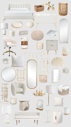 an assortment of white furniture and accessories