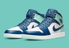 The box is missing the lid and is damaged Air Jordan 1 Mid Blue, Jordan 1 Mid Blue, Air Jordan 1 Mid Gs, Jordan Model, Jordan Logo, Nike Air Jordan 1 Mid, Nike Air Jordan 1, French Blue, Air Jordan 1 Mid