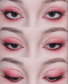 Red Eyeliner Makeup, Makeup Looks Red, Red Makeup Looks, Red Eyeliner, Anime Eye Makeup, Red Eye Makeup, Doll Eye Makeup, Cute Eye Makeup, Graphic Makeup