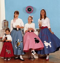 Pull-on circular skirt has elastic thru separate waist casing; pull-on lace trimmed petticoat has fabric yoke with elastic thru fold-back waist casing; patterns for appliques included. NEW AND UNUSED Mother Daughter Costumes, Girls Poodle Skirt, Poodle Skirt Outfit, Masters Graduation Pictures, Circular Skirt, Folded Envelope, New Halloween Costumes, Childrens Sewing Patterns, Scotty Dog