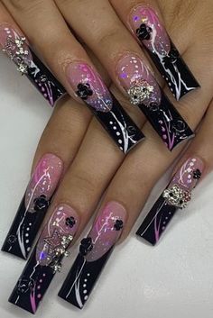 Emo Stiletto Nails, Nail Ideas Y2k Long, Pink Goth Nails, Cute Y2k Nails, Emo Y2k Nails, Nail Ideas Y2k, Trashy Y2k Nails, Kawaii Nails Acrylic, Y2k Nails Pink