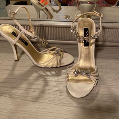 Rhinestone Details, Never Worn, No Issues. Gold Soles. These Run Small And Would Recommend For A Narrow Foot In Size 8.5. No Box But I Do Have The Dustbag. Small Heels Aesthetic, Gold Heels Aesthetic, High Heels Aesthetic, Quince Heels, Womens Heels Stilettos, Graduation Heels, Elegant Shoes Heels, Dramatic Earrings, Fancy Heels