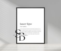 a black and white poster with the words laser tipo on it in front of a wall