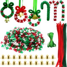 christmas decorations made out of plastic beads and bows, including bells, candy canes