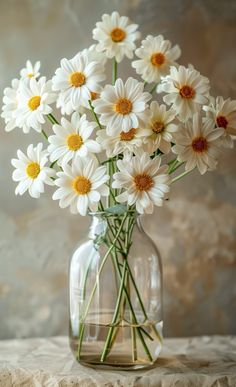 a vase filled with white daisies on top of a table