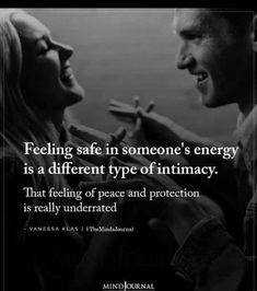 a man and woman laughing together with the caption saying feeling safe in someone's energy is a different type of intimacy