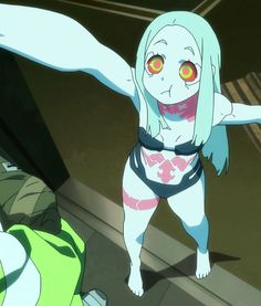 an animated woman with red eyes and white hair standing in front of a green bag