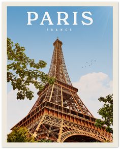 the eiffel tower in paris, france is featured on this travel poster print