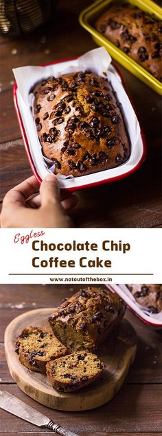 chocolate chip coffee cake in a red and white dish on a wooden table with the title above it