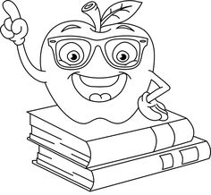 an apple sitting on top of a pile of books with glasses and a pencil in his hand