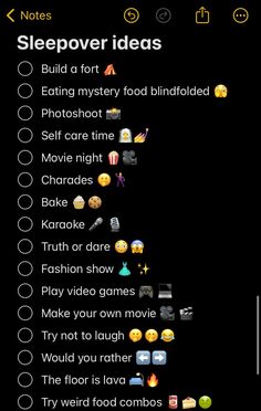 an iphone screen with the text sleepover ideas written on it and emoticions