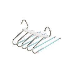 four metal clothes hangers with blue and white stripes on the bottom, one is hanging from