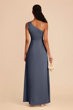 the back of a bridesmaid's dress with one shoulder