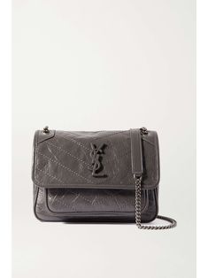 SAINT LAURENT Niki Baby quilted crinkled glossed-leather shoulder bag Mini Chain Bag, Grey Bag, Vintage Purses, Mini Quilt, Saint Laurent Bag, Quilted Leather, Baby Bag, Chain Bags, Baby Quilts