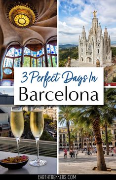 three different pictures with the words 3 perfect days in barcelona on top and below them