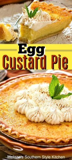 an egg custard pie on a plate with the title overlaying it