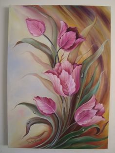 a painting of pink flowers on a white wall