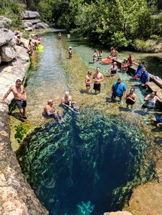 many people are swimming in the water near some rocks and trees, while others stand around them