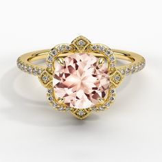 Morganite Reina Halo Diamond Engagement Ring - 18K Yellow Gold. A regal halo of diamond accents surrounds a shimmering center gem in this dazzling ring for a distinctive and elegant look (1/6 total carat weight). Brilliant Earth Rings, Morganite Diamond Ring, Pink Morganite Ring, Rose Gold Halo Engagement Ring, Morganite Engagement Ring Rose Gold, Lab Diamond Engagement Ring, Rose Gold Morganite, Rose Gold Diamond Ring, Diamond Engagement Ring Set