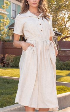 Linen Dress in Natural Color Long Linen Button Down Dress, Linen Button Dress, Modest Linen Dress, Button Down Style, Outfit For Church, Natural Linen Dress, Summer Designs, Modest Summer, Modest Summer Outfits