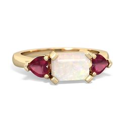 the three stone ring in yellow gold with white opal and red garnets