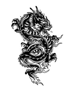 a black and white drawing of a dragon with roses on it's back side