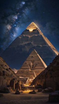 the great pyramid in egypt is lit up at night