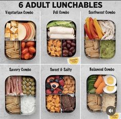 six different lunches are arranged in four sections