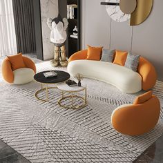 a modern living room with orange and white furniture