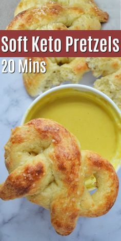 soft keto pretzels in a small bowl with dipping sauce on the side