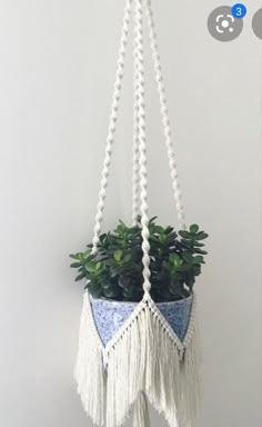 a potted plant hanging from a macrame chain with white beads and green plants in it