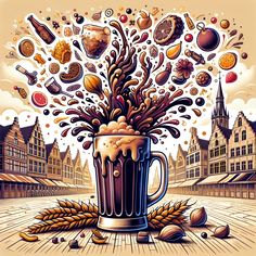 a painting of a beer with lots of different things coming out of the top and around it