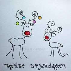 a drawing of two reindeers with their noses touching each other