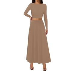 SweetHearts - This skirt set is perfect for work, going out, casual wear, and even for parties and events. The stretchy modal fabric mixed with our perfected fit ensures you'll look your best. Size: L.  Color: Beige.  Pattern: solid. Boho Holiday Dress, Cheap Solid Non-stretch Maxi Skirt, Solid Skirt, Tiered Maxi Skirt, Long Maxi Skirts, Long Maxi, Women Maxi, Mixing Fabrics, Casual Summer Outfits