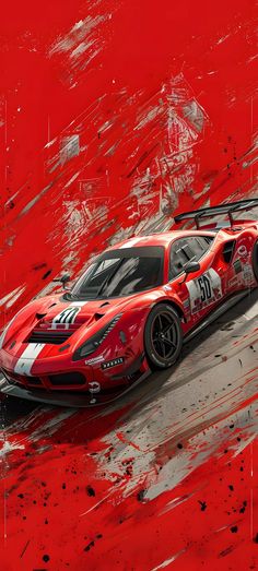 a painting of a racing car on a track with red paint splattered all over it