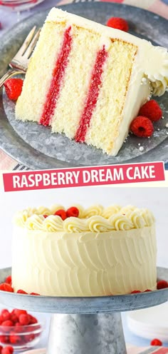 two pictures side by side one with raspberry cake and the other with white frosting