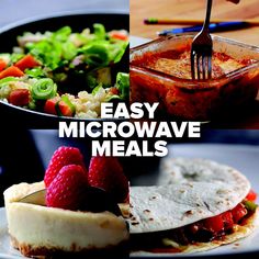 easy microwave meals with strawberries, cheese and salad on the side are shown in this collage