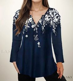 Lasaky - Printed Collar Long-Sleeve Shirt Fall Navy V-neck Tops, Spring Navy Crew Neck Shirt, Navy Crew Neck Shirt For Spring, Navy Long Sleeve Summer Top, Long Sleeve Navy Blouse For Fall, Navy Long Sleeve Blouse For Fall, Navy Casual Blouse For Fall, Casual Navy Blouse For Fall, Fitted Long Sleeve Navy Top