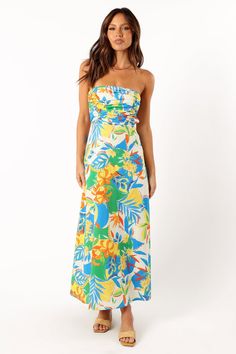 Harriet Strapless Midi Dress - Malta Print - Petal & Pup USA Beachy Clothes, Wedding Guest Outfit Inspiration, Draped Midi Dresses, Resort Dresses, Tropical Dress, Strapless Midi Dress, Usa Dresses, Straight Neckline, Clothing Details